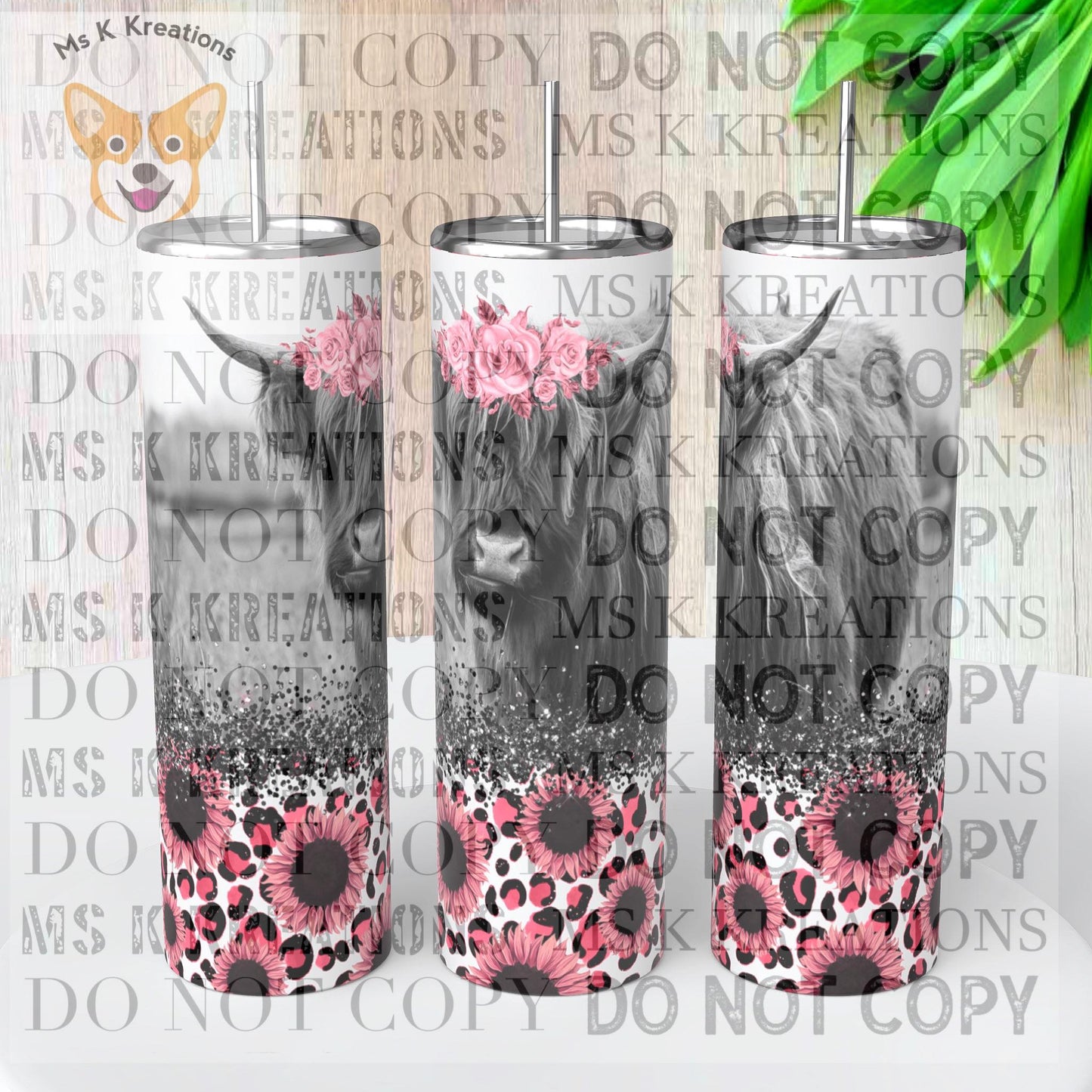 TO BE MADE - 20 Ounce Skinny Glow in the Dark - Highland Cow Pink Flowers