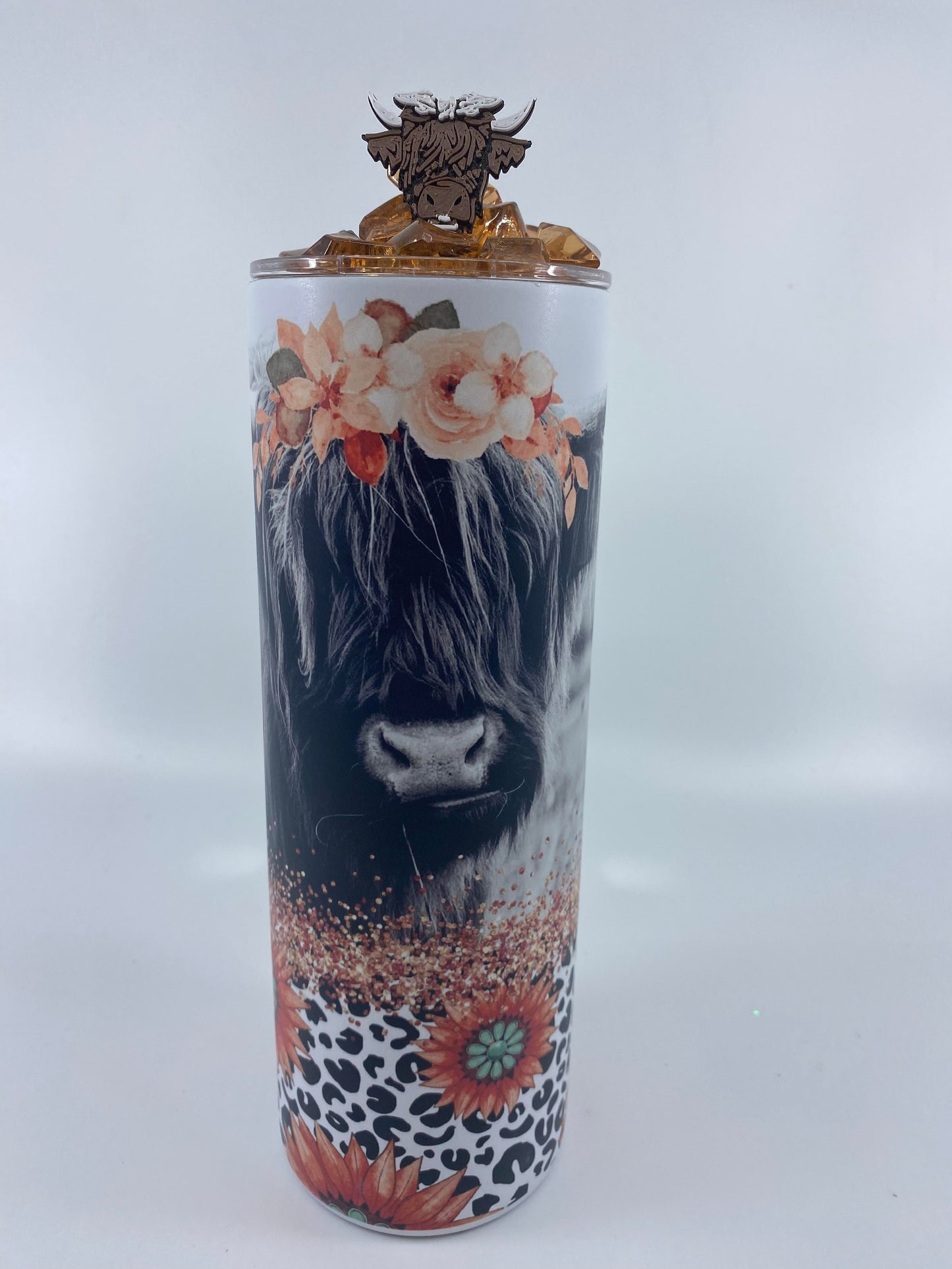READY TO SHIP - 20 Ounce Skinny Glow in the Dark - Floral Highland Cow