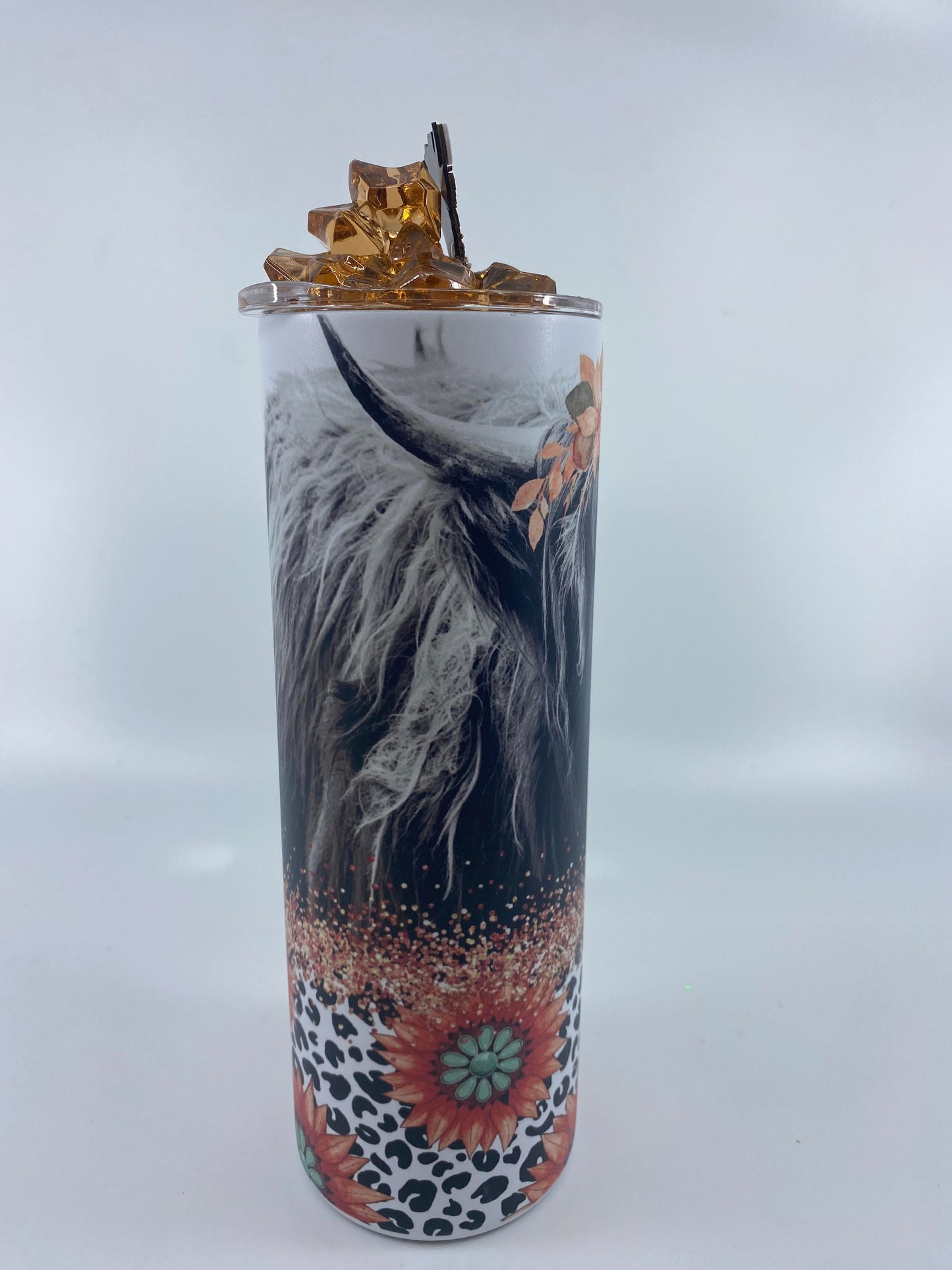 READY TO SHIP - 20 Ounce Skinny Glow in the Dark - Floral Highland Cow