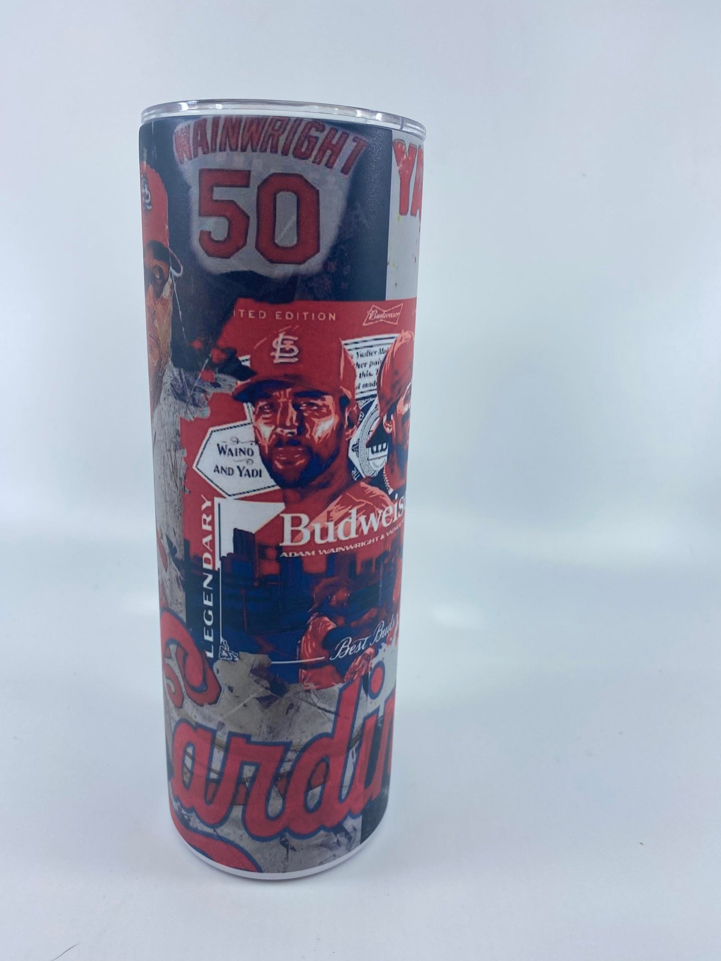READY TO SHIP - 20 Ounce Skinny Glow in the Dark - STL Cardinal Baseball Yadi & Wainwright Budweiser