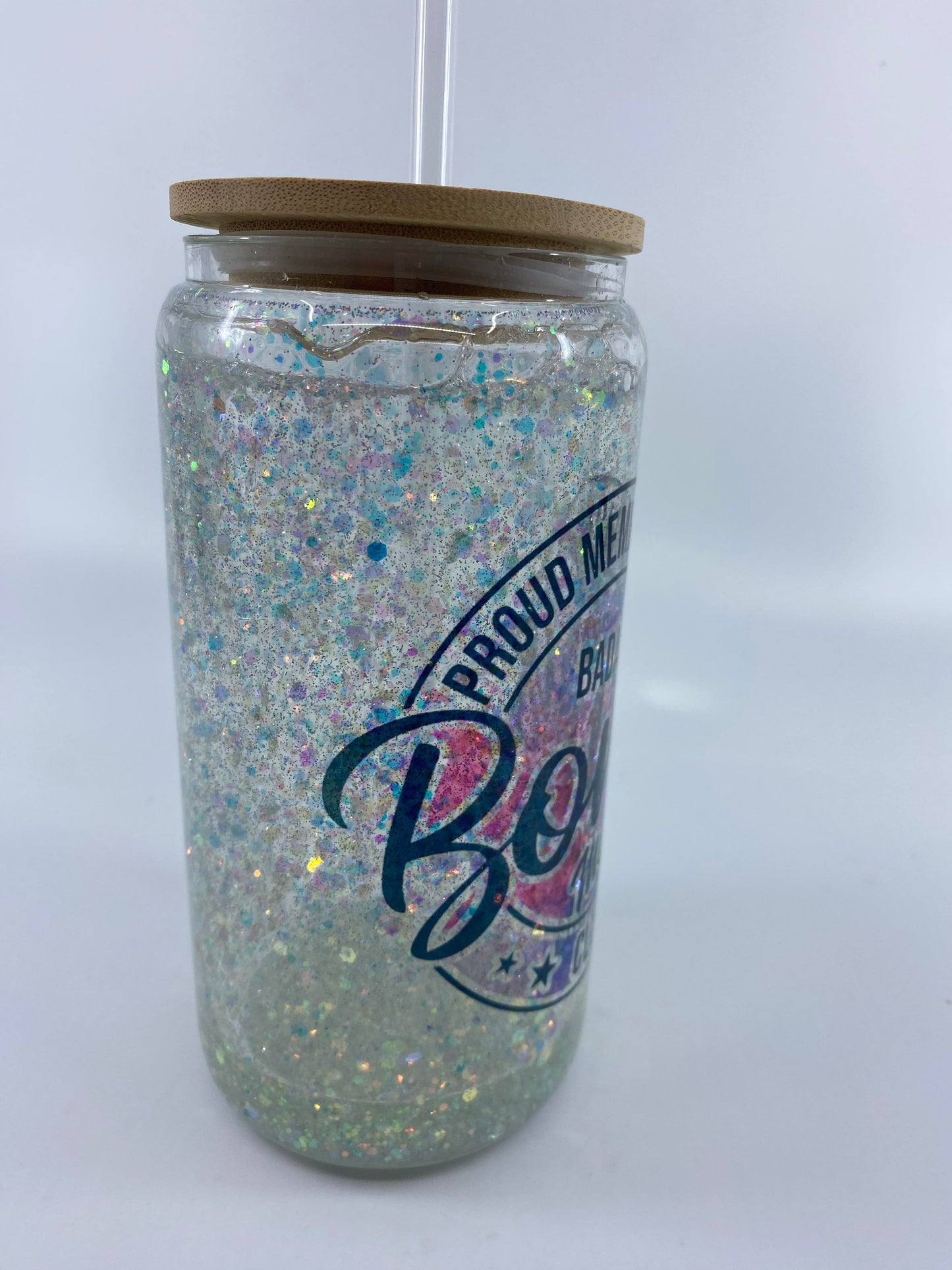 SOLD - 12 Ounce Snowglobe with Bamboo Lid - Proud Member of the Badass Bonus Mom Club