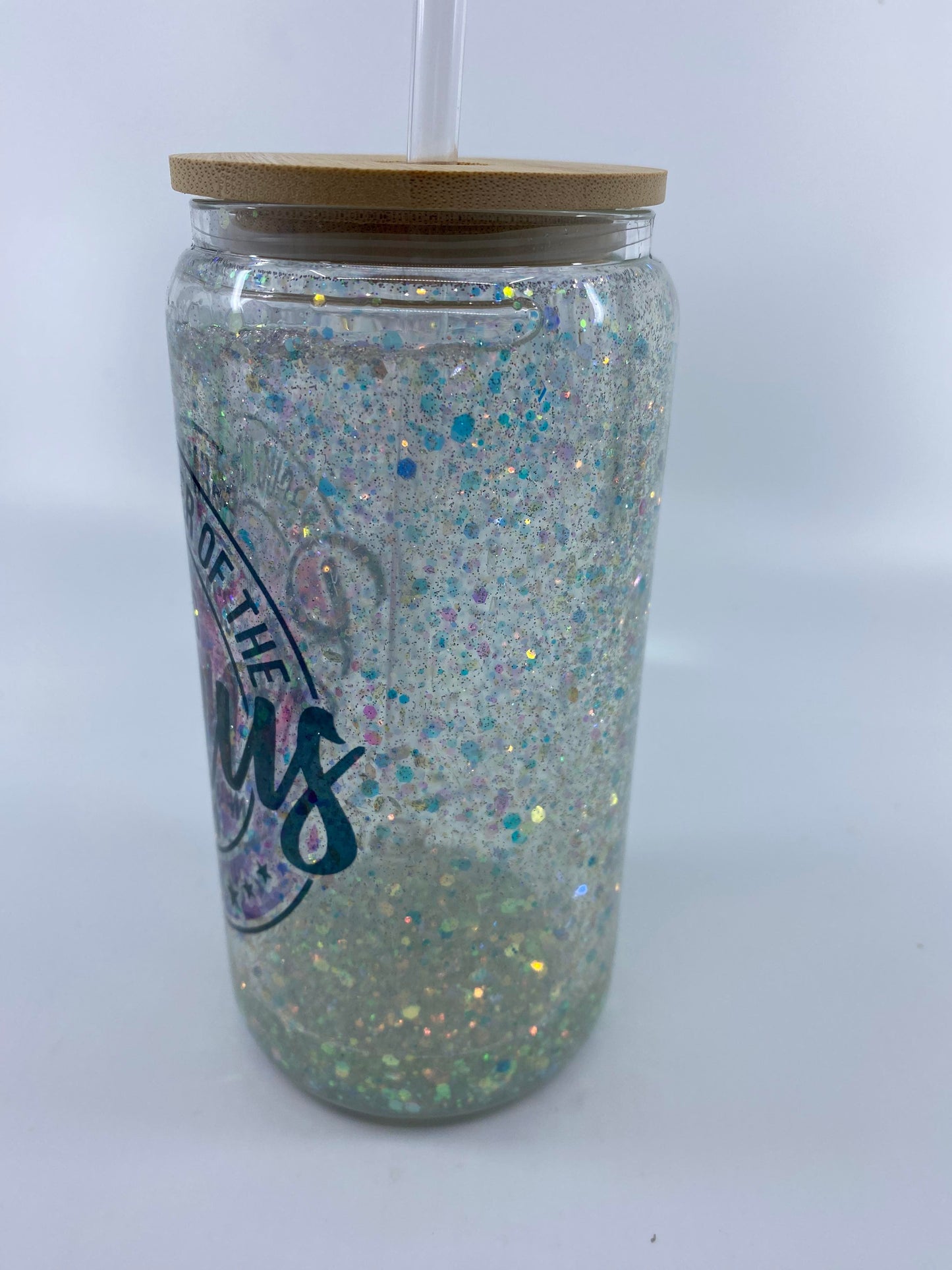 SOLD - 12 Ounce Snowglobe with Bamboo Lid - Proud Member of the Badass Bonus Mom Club