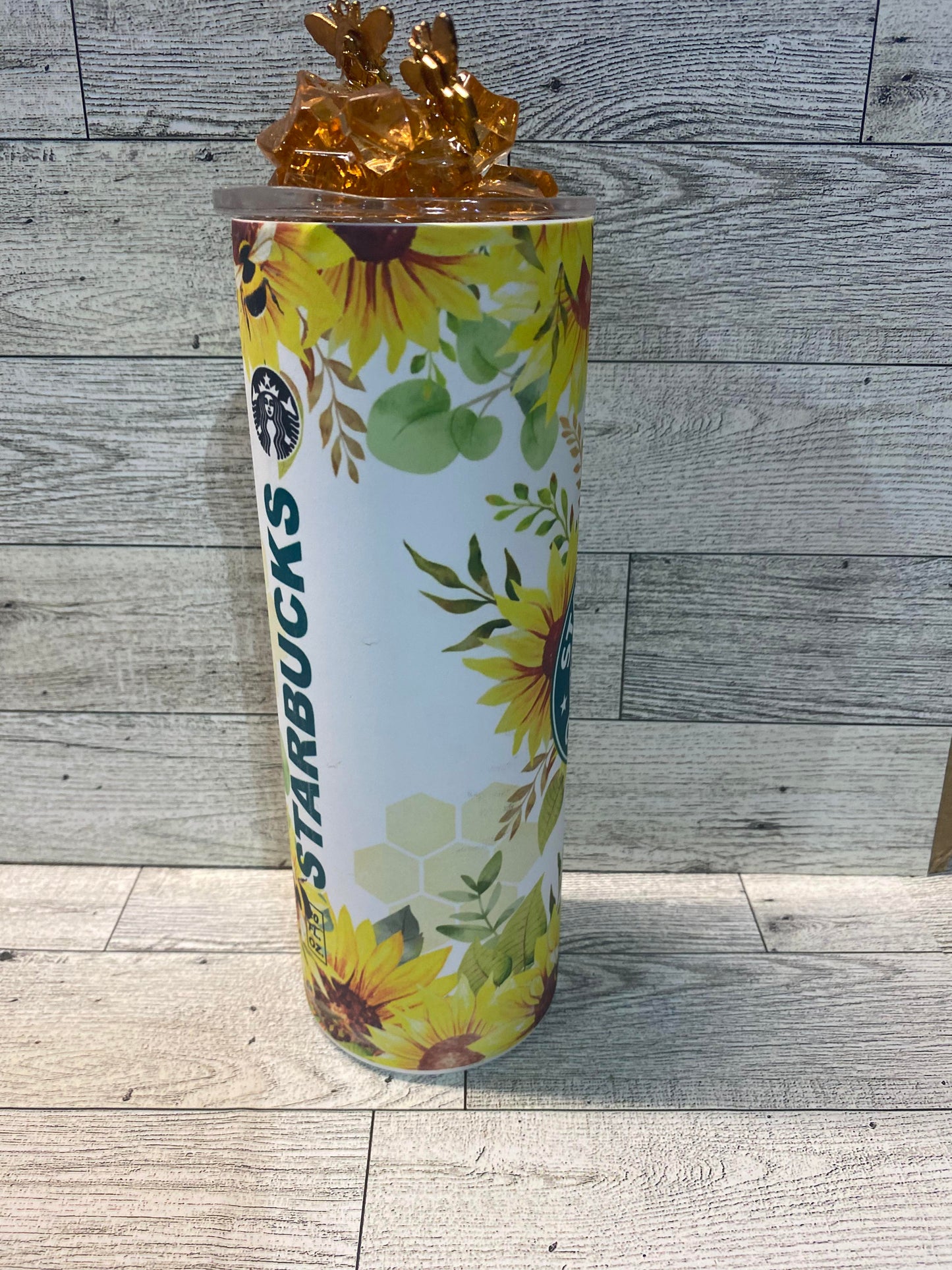 READY TO SHIP - 20 Ounce Skinny Glow in the Dark - Starbucks Sunflowers and Bees