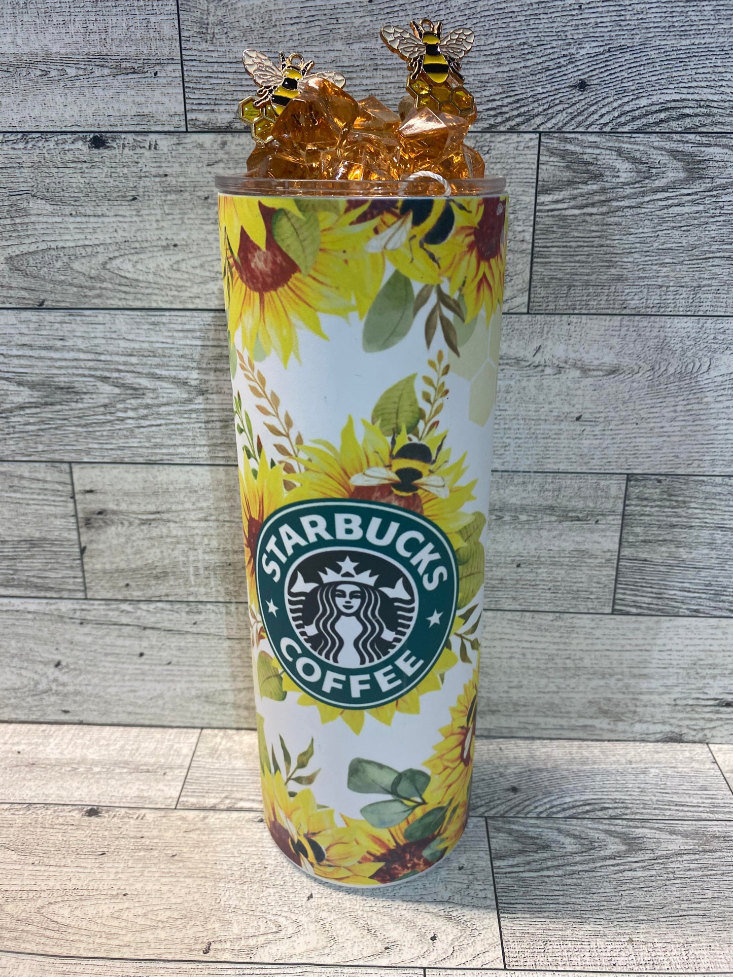 READY TO SHIP - 20 Ounce Skinny Glow in the Dark - Starbucks Sunflowers and Bees