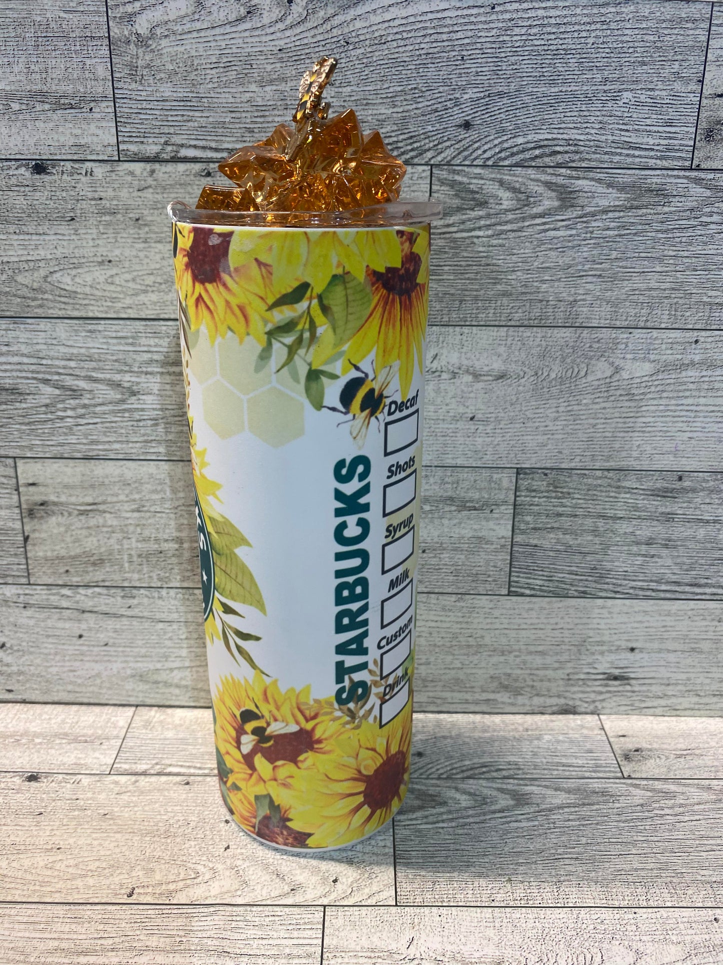 READY TO SHIP - 20 Ounce Skinny Glow in the Dark - Starbucks Sunflowers and Bees