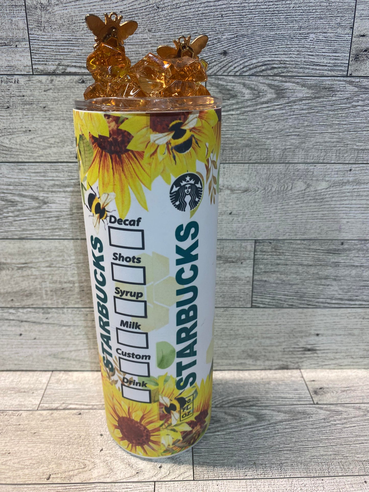 READY TO SHIP - 20 Ounce Skinny Glow in the Dark - Starbucks Sunflowers and Bees