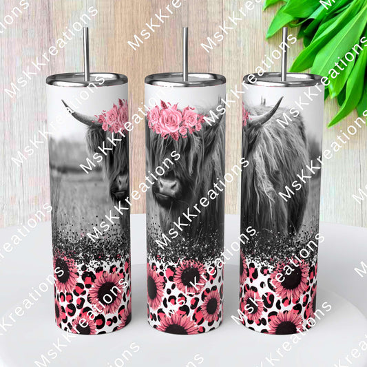 TO BE MADE - 20 Ounce Skinny Glow in the Dark - Highland Cow Pink Flowers