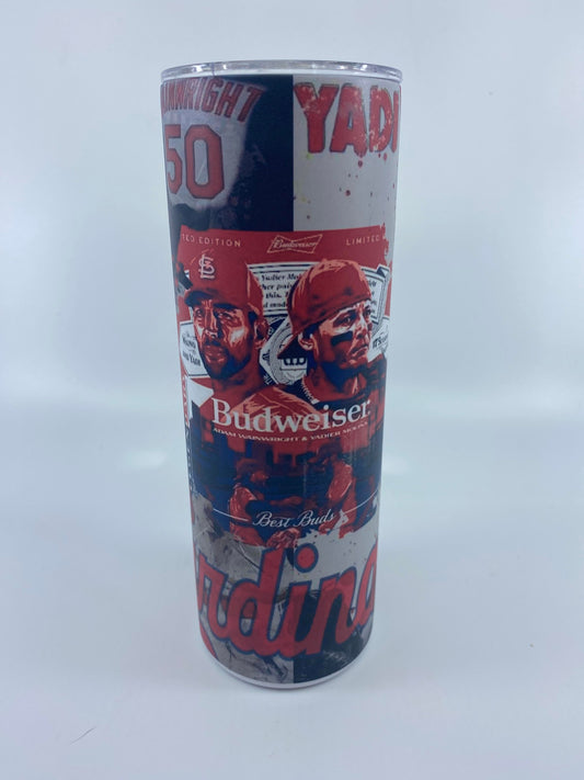 READY TO SHIP - 20 Ounce Skinny Glow in the Dark - STL Cardinal Baseball Yadi & Wainwright Budweiser
