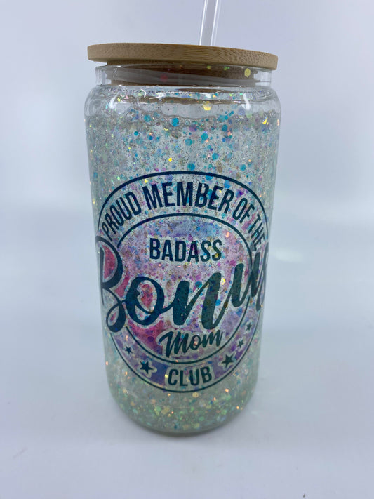 SOLD - 12 Ounce Snowglobe with Bamboo Lid - Proud Member of the Badass Bonus Mom Club